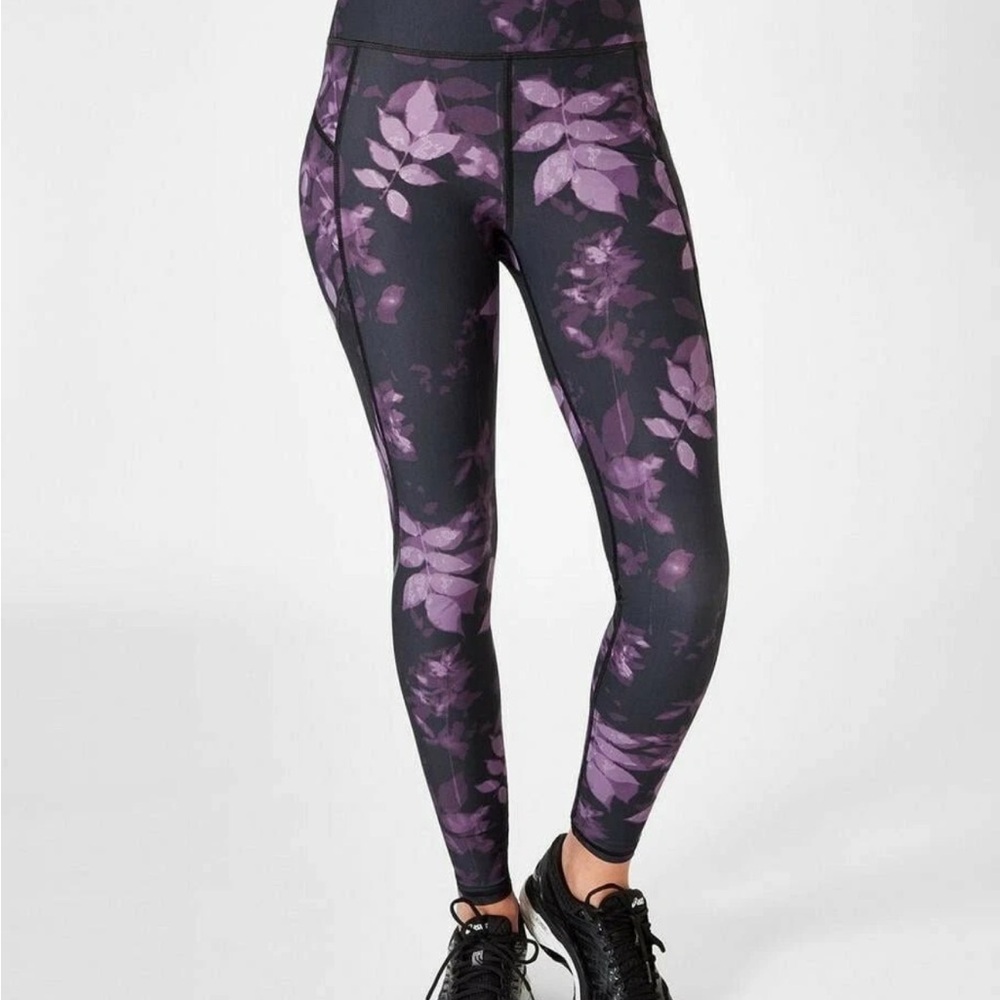 💜 Sweaty Betty Black purple leaf Zero Gravity Pocket Leggings NWOT SB med full